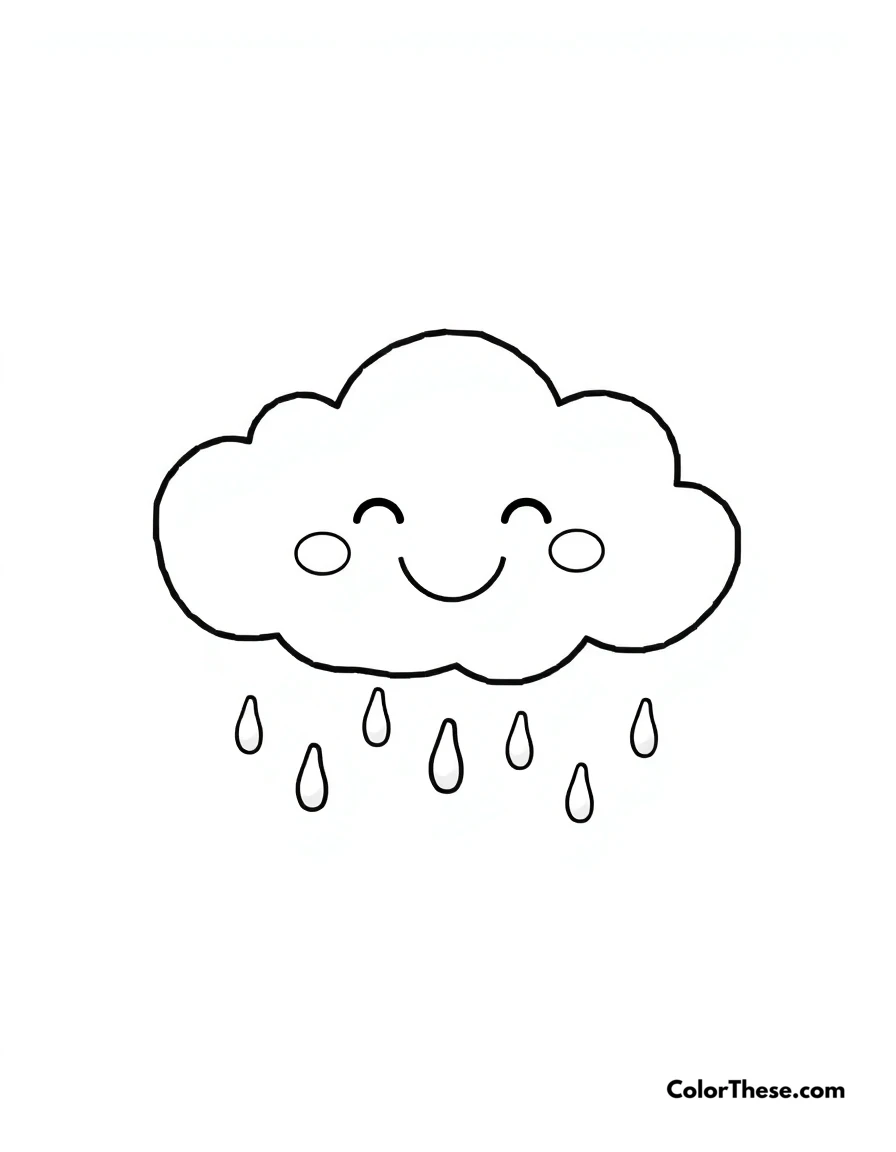 Free printable happy cloud coloring page for kids and adults. A simple cloud design with a big smile and raindrops.