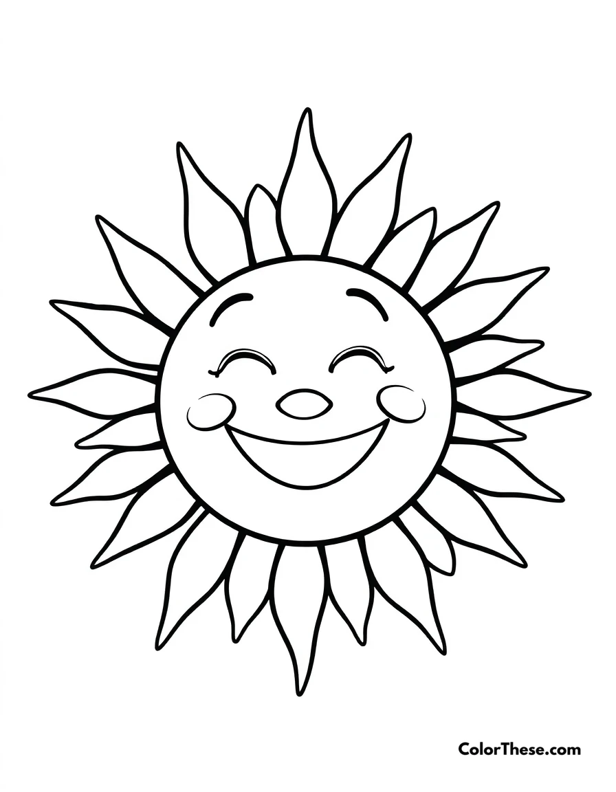 Free printable happy sun coloring page for kids and adults. A cheerful sun with a big smile and rays.