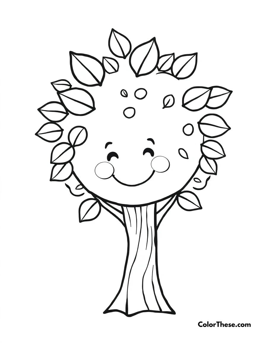 Free printable happy tree coloring page for kids and adults. A simple tree design with a smiling face and leaves.