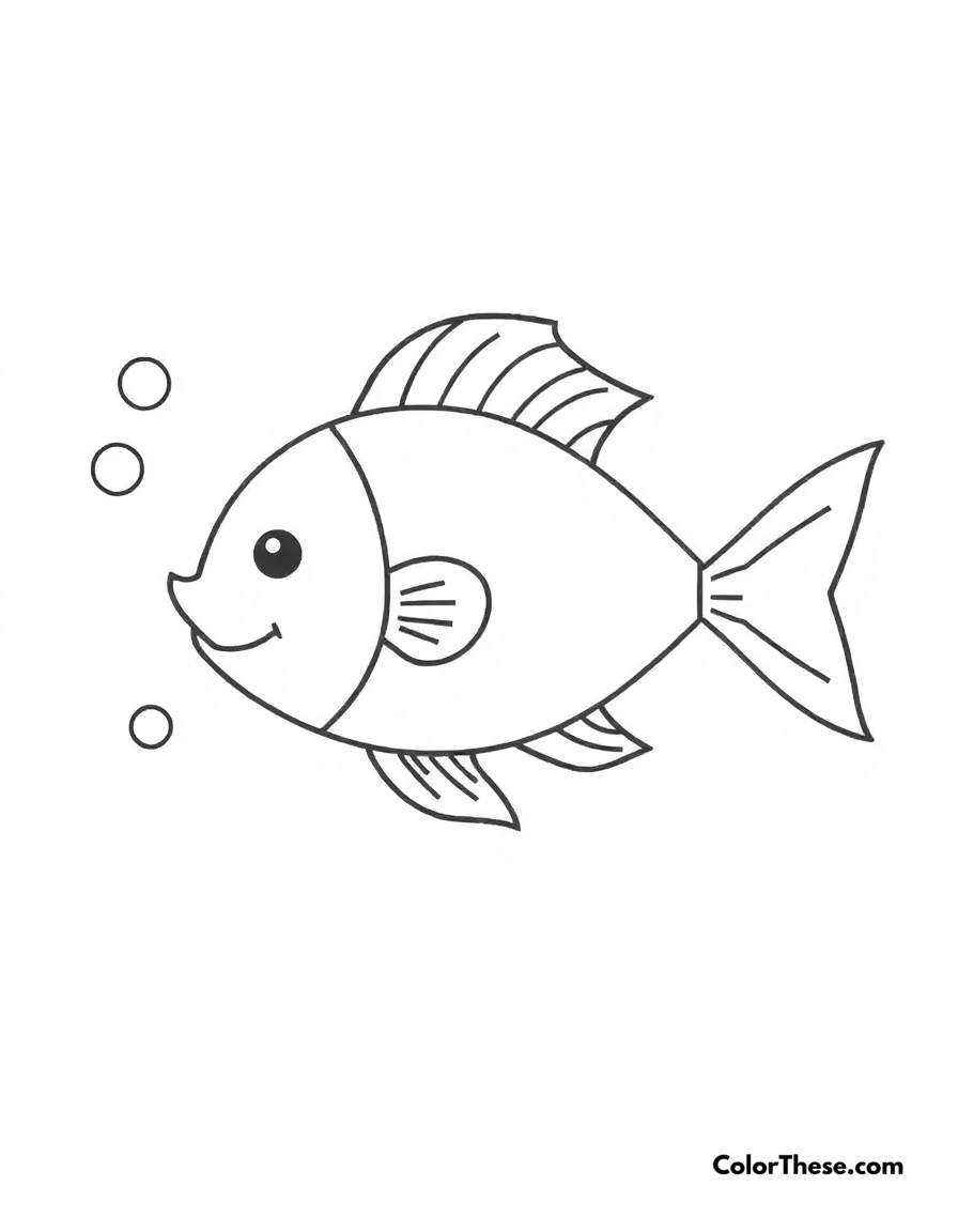 Free printable little fish coloring page for kids and adults. A simple fish design with fins and bubbles.