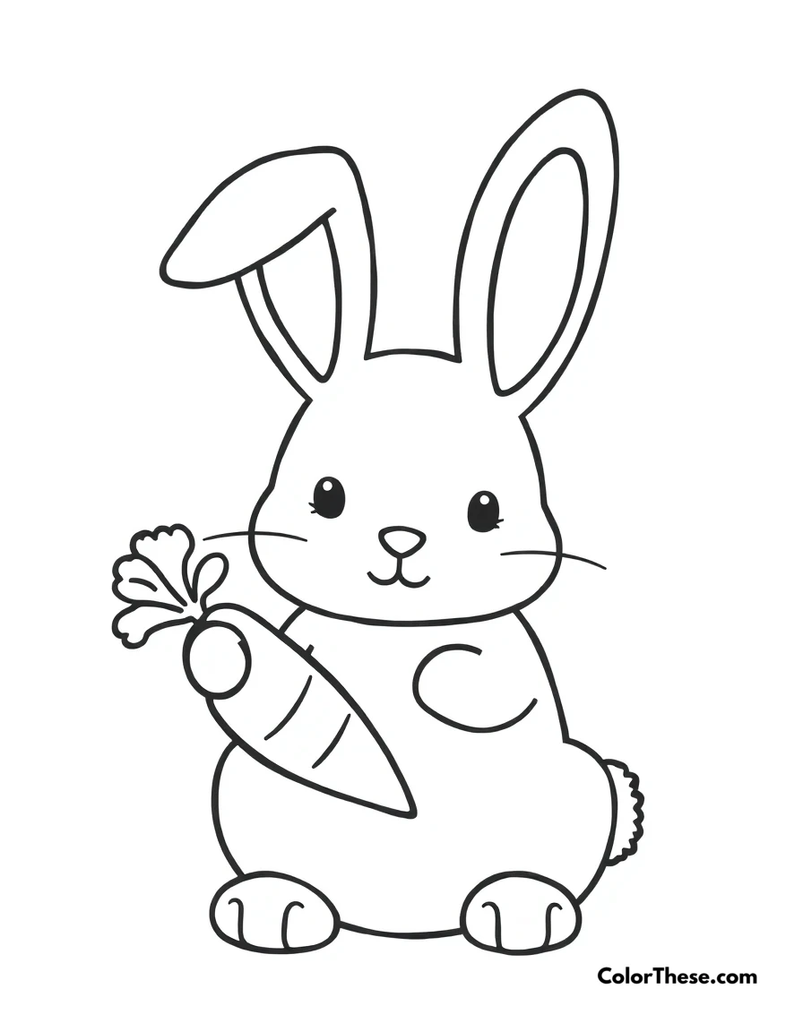 Free printable playful bunny coloring page for kids and adults. A simple bunny design with floppy ears and a carrot.