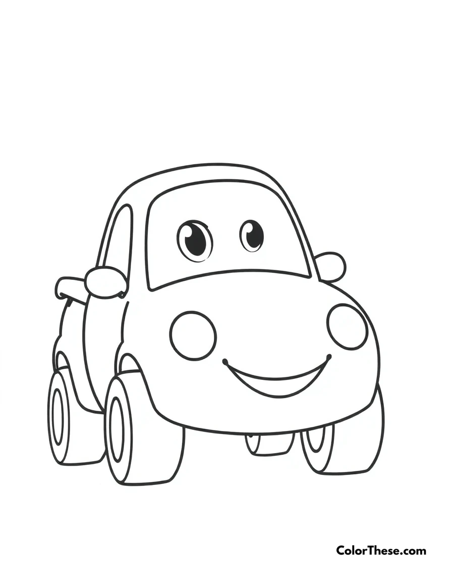 Free printable simple car coloring page for kids and adults. A basic car design with wheels and a smiling face.