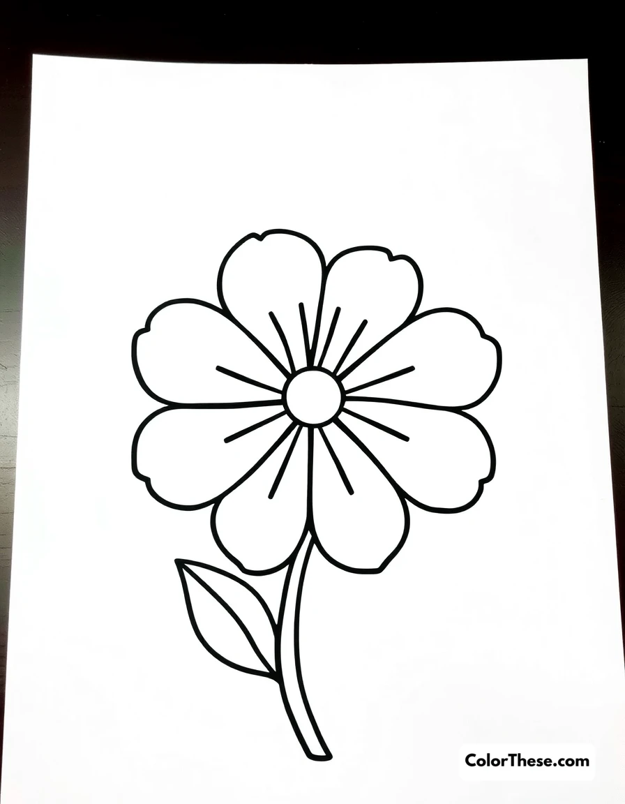 Free printable simple flower coloring page for kids and adults. A basic flower design with petals and a stem.