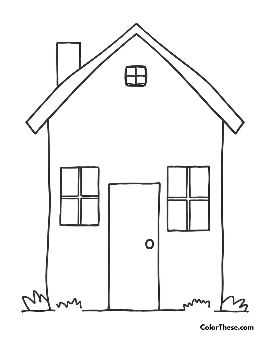 Free printable simple house coloring page for kids and adults. A basic house design with a door, windows, and a roof.