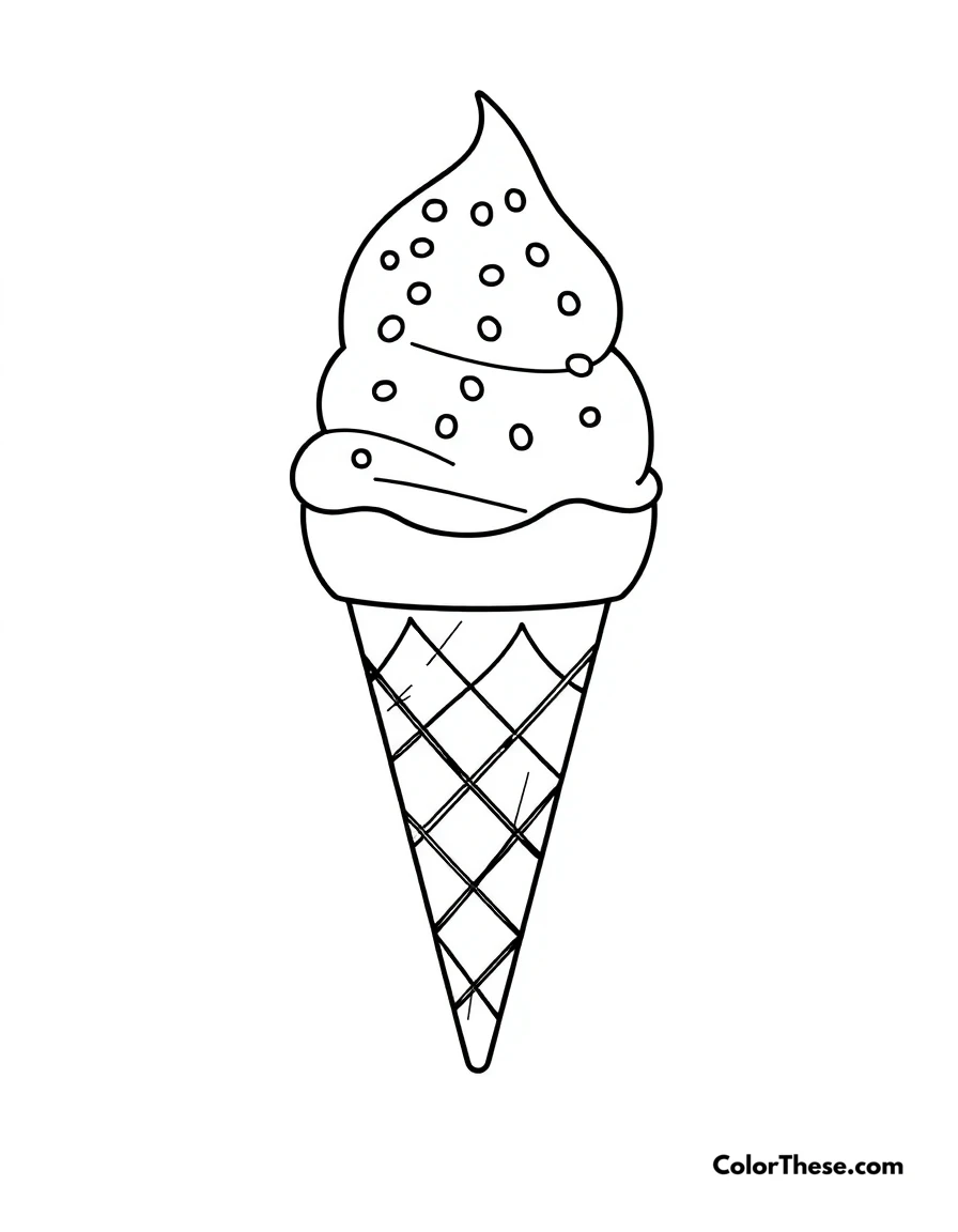 Free printable simple ice cream coloring page for kids and adults. A basic ice cream design with a cone and sprinkles.