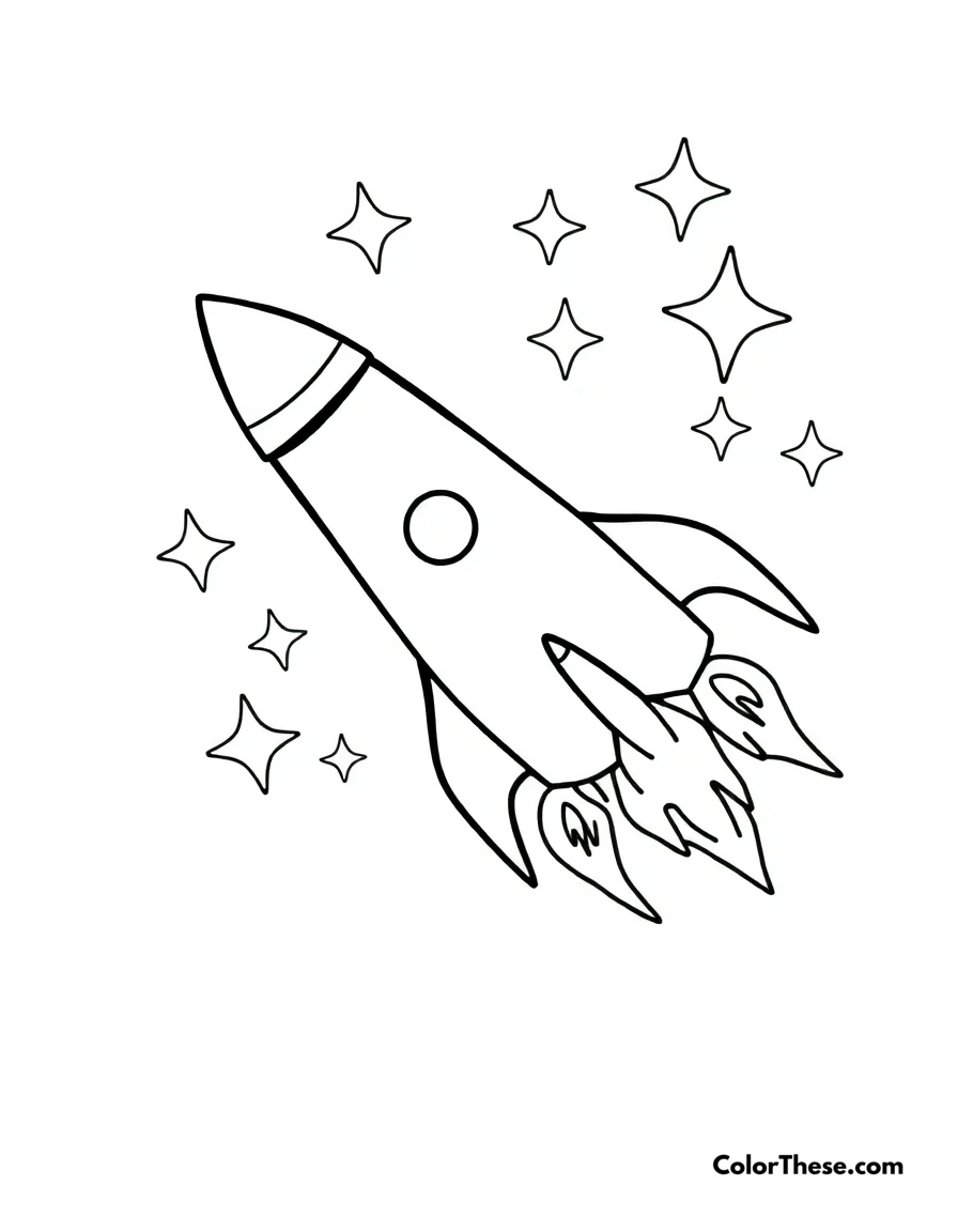 Free printable simple rocket coloring page for kids and adults. A basic rocket design with flames and stars.