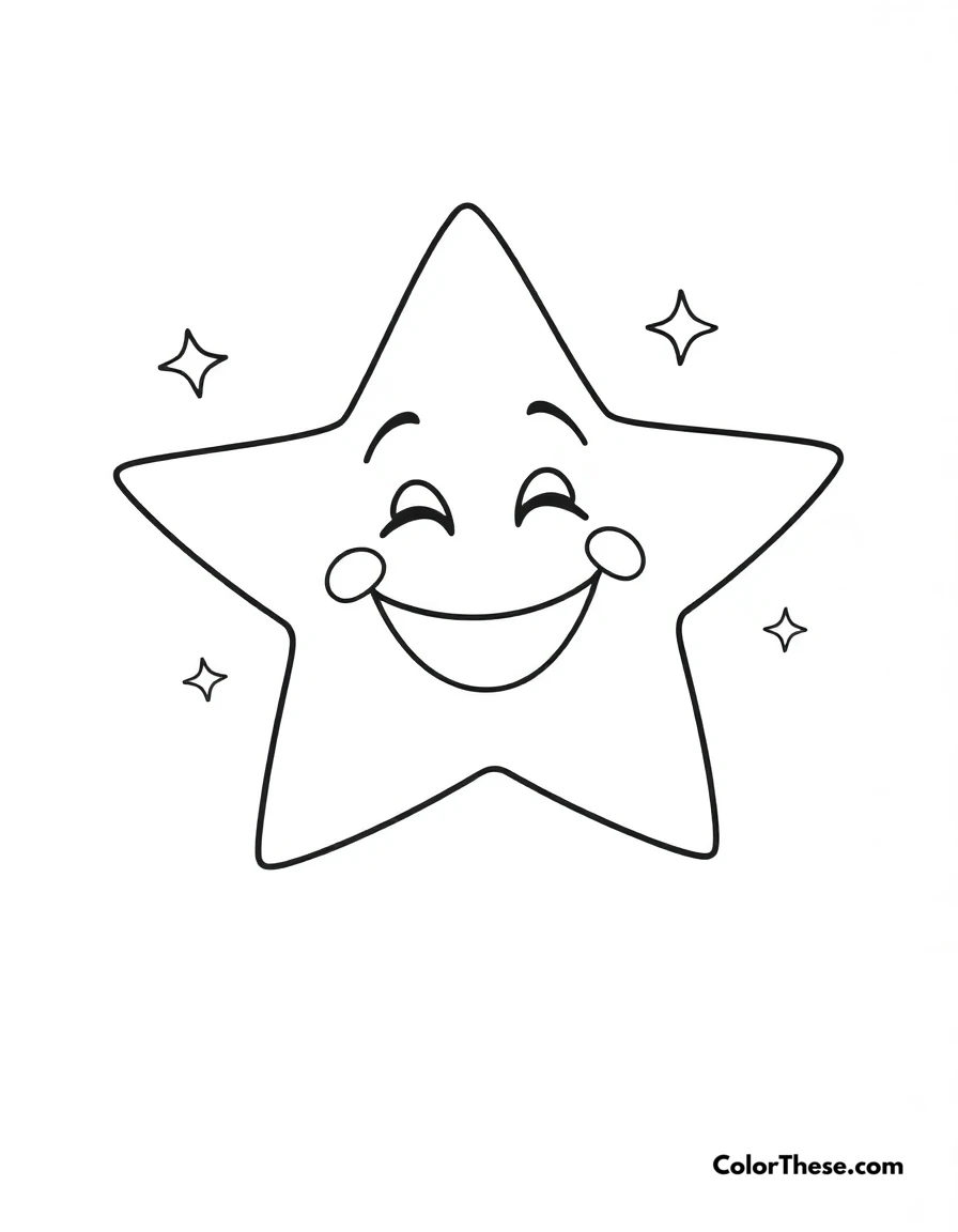 Free printable smiling star coloring page for kids and adults. A simple star design with a big smile and sparkles.