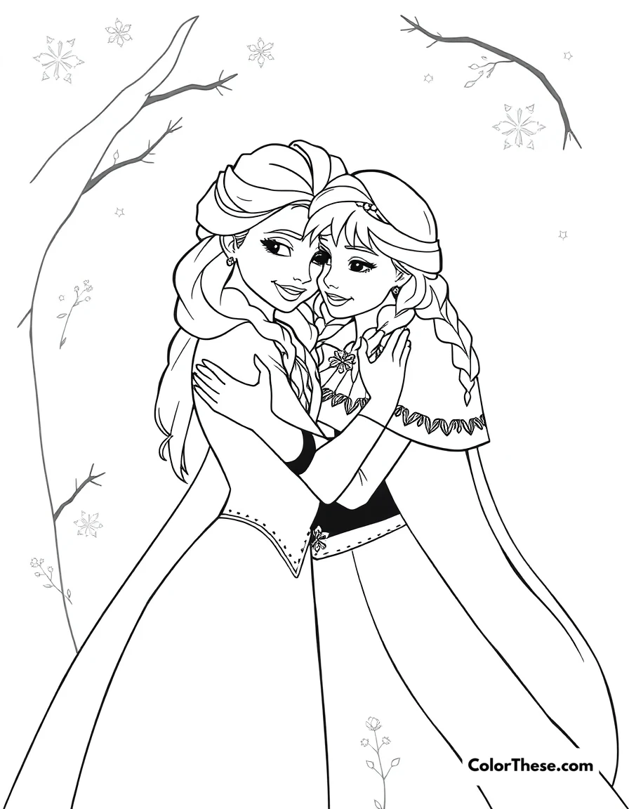 Free printable elsa and anna reunited coloring page for kids and adults. Elsa and Anna hugging after their long separation.