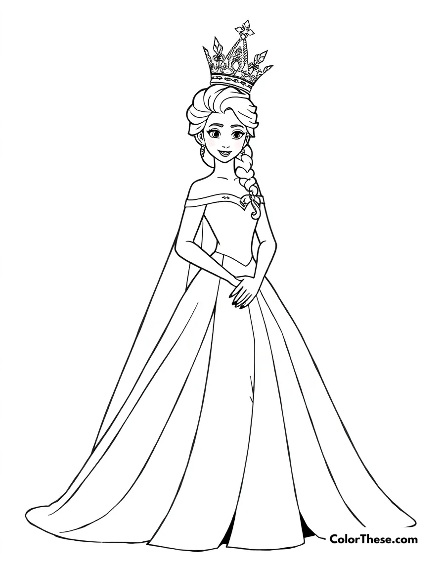Free printable elsa's coronation day coloring page for kids and adults. Elsa on her coronation day, wearing her elegant gown.
