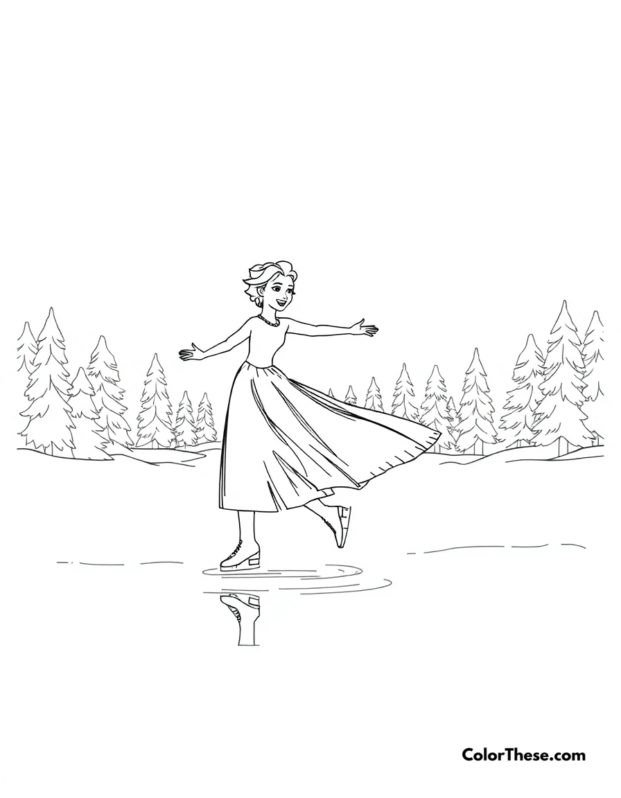 Free printable elsa and the frozen lake coloring page for kids and adults. Elsa skating on a frozen lake.