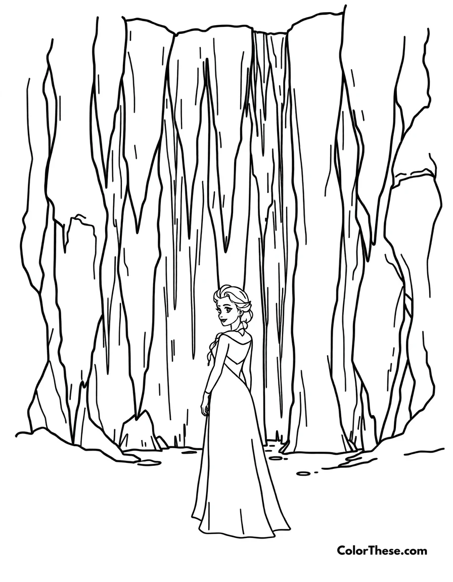 Free printable elsa and the frozen waterfall coloring page for kids and adults. Elsa standing in front of a frozen waterfall.