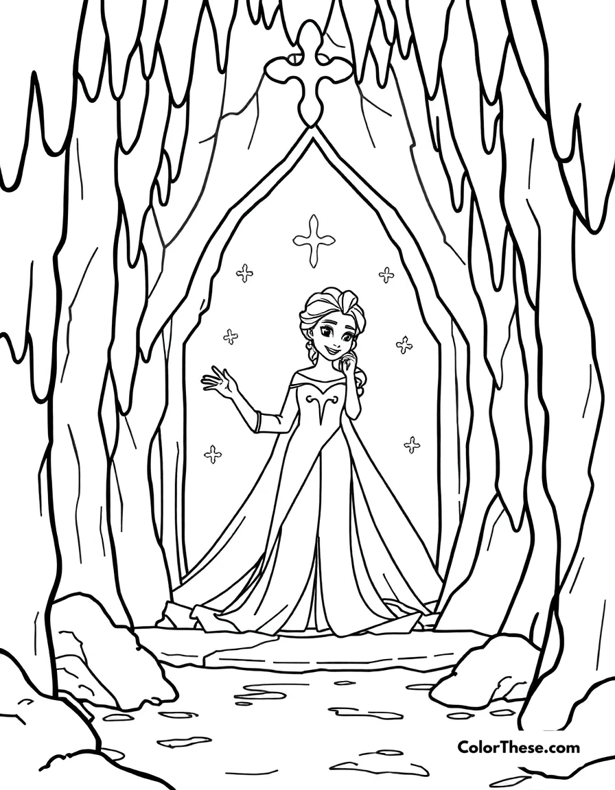 Free printable elsa's ice castle interior coloring page for kids and adults. Elsa inside her ice castle, surrounded by icy details.