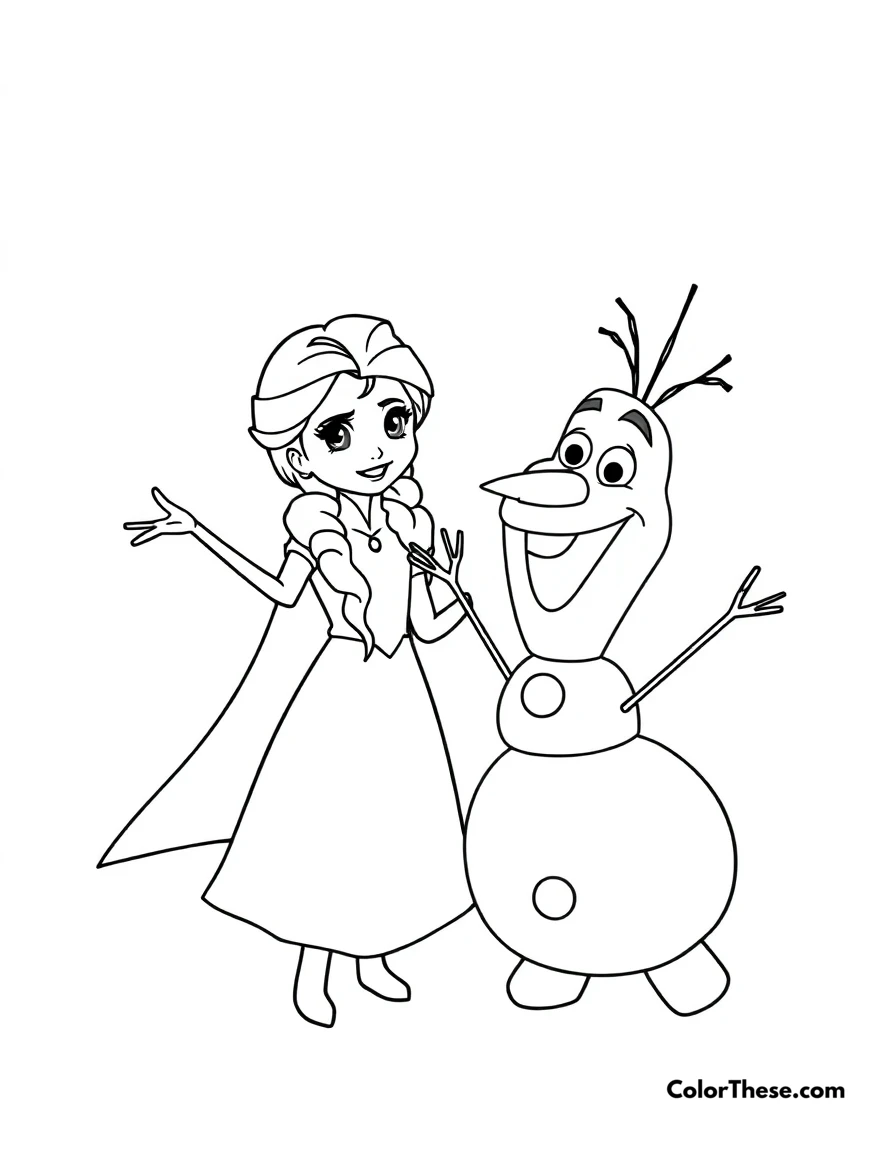 Free printable elsa and olaf coloring page for kids and adults. Elsa and Olaf enjoying a snowy day together.