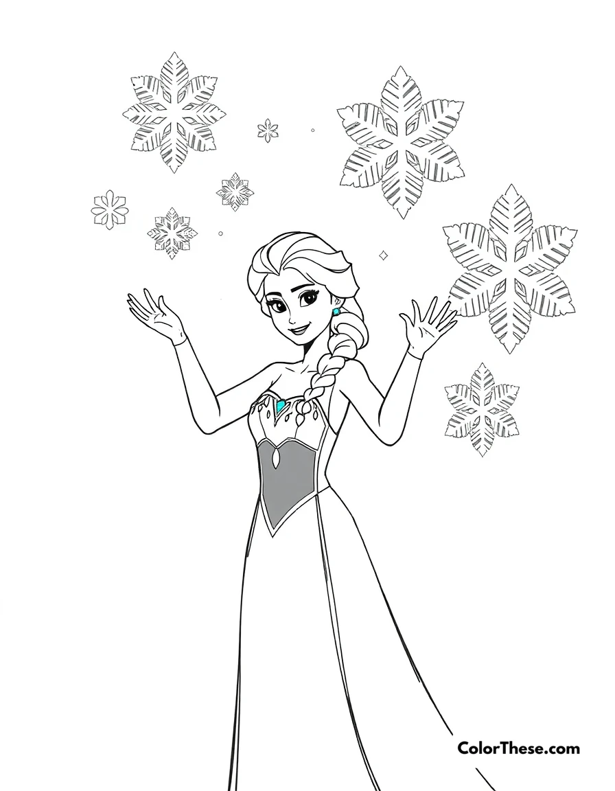Free printable elsa creating snowflakes coloring page for kids and adults. Elsa using her powers to create beautiful snowflakes.