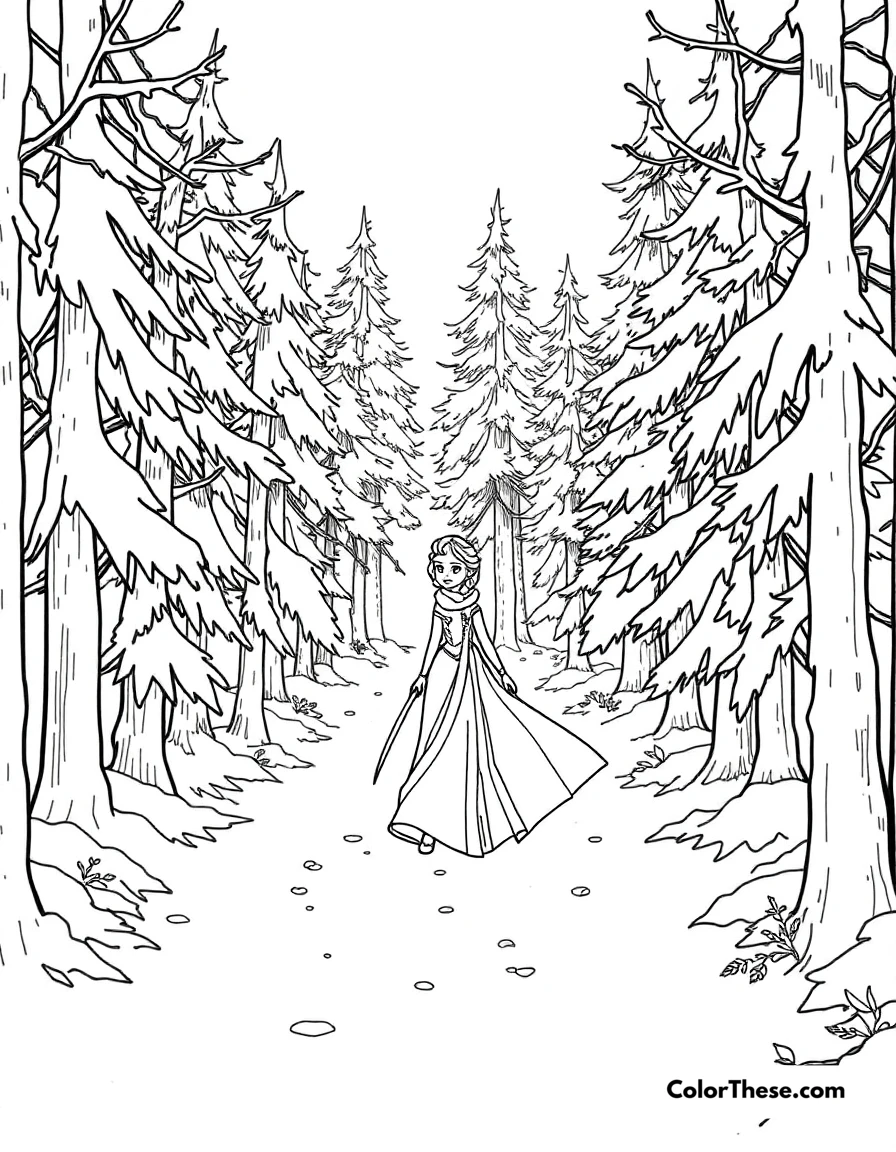 Free printable elsa and the snowy forest coloring page for kids and adults. Elsa walking through a snowy forest.
