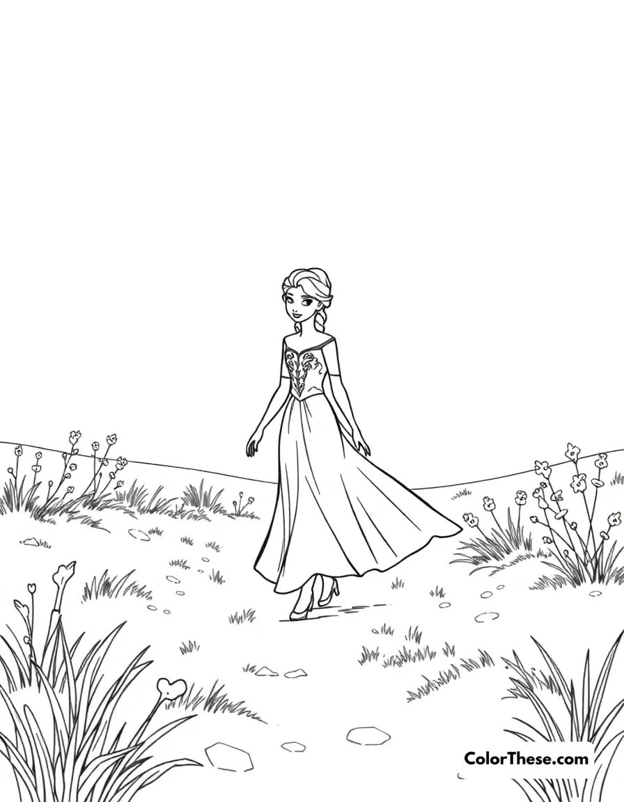Free printable elsa and the snowy meadow coloring page for kids and adults. Elsa walking through a snowy meadow.