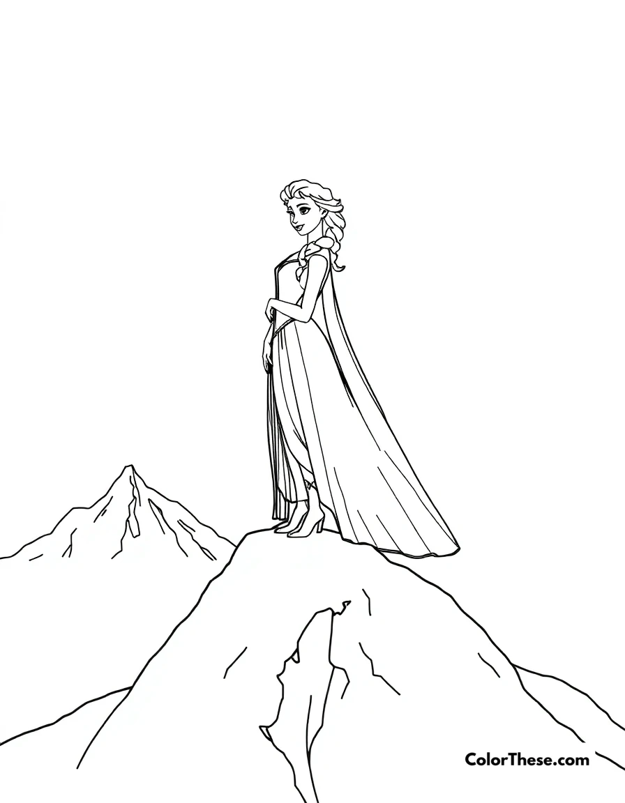 Free printable elsa and the snowy mountain coloring page for kids and adults. Elsa standing on a snowy mountain peak.