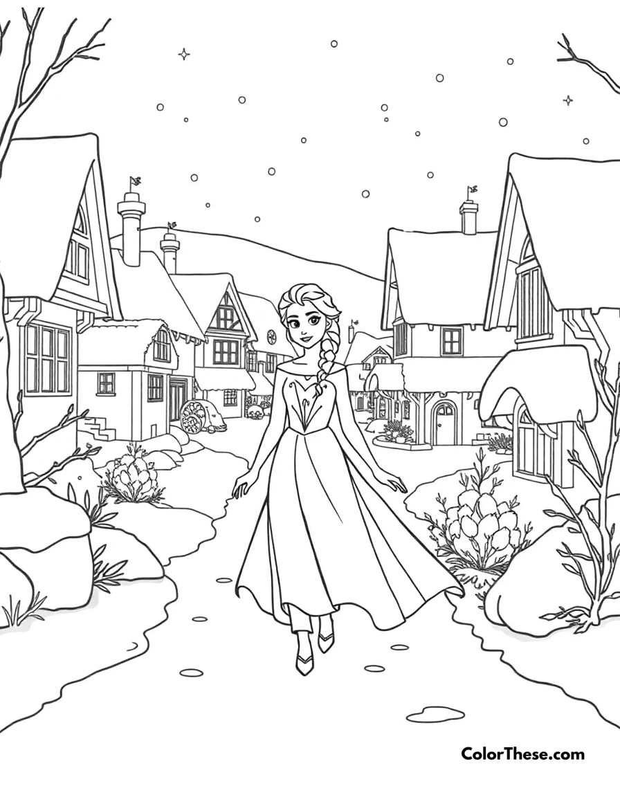 Free printable elsa and the snowy village coloring page for kids and adults. Elsa walking through a snowy village.