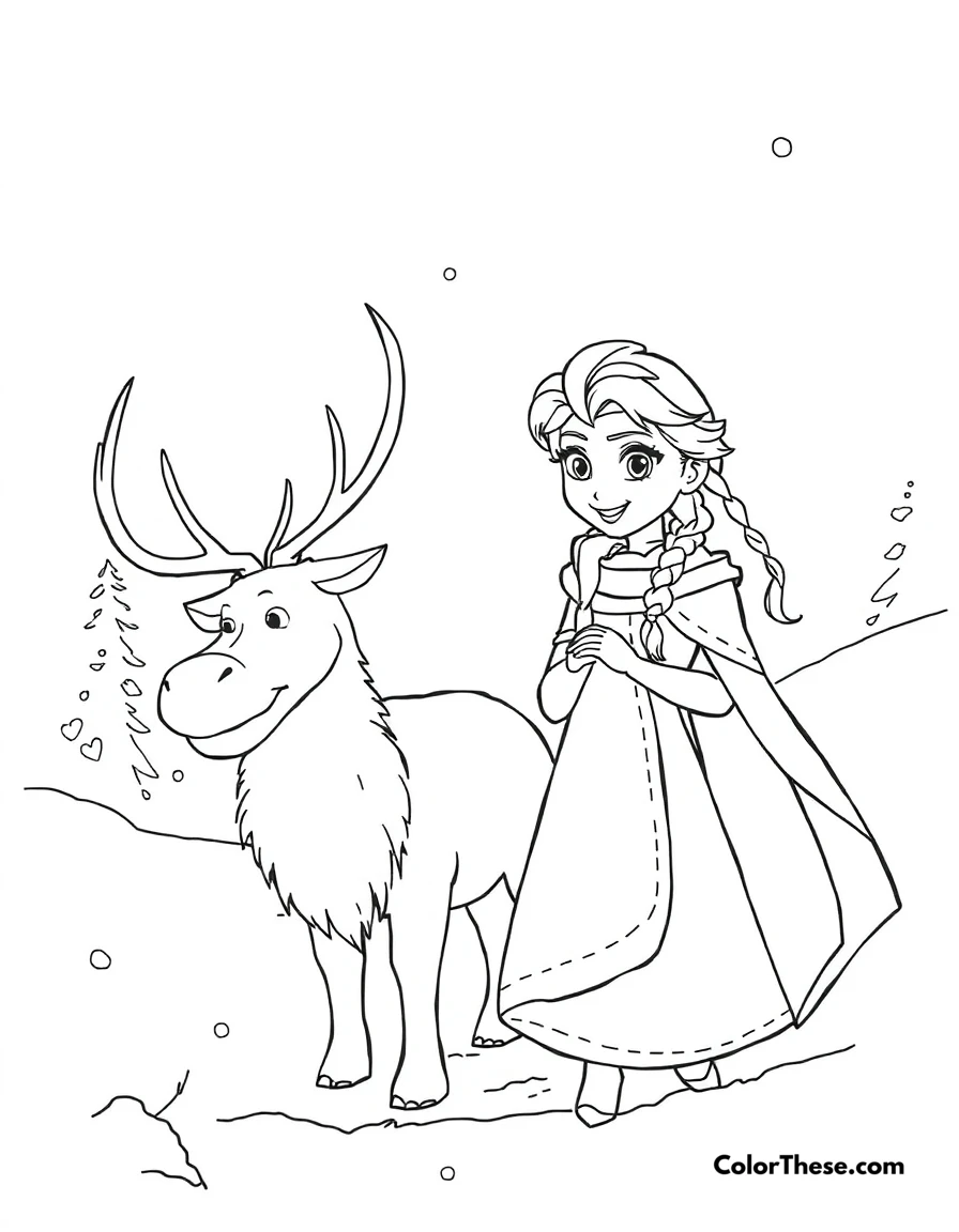Free printable elsa and sven coloring page for kids and adults. Elsa and Sven enjoying a snowy adventure.