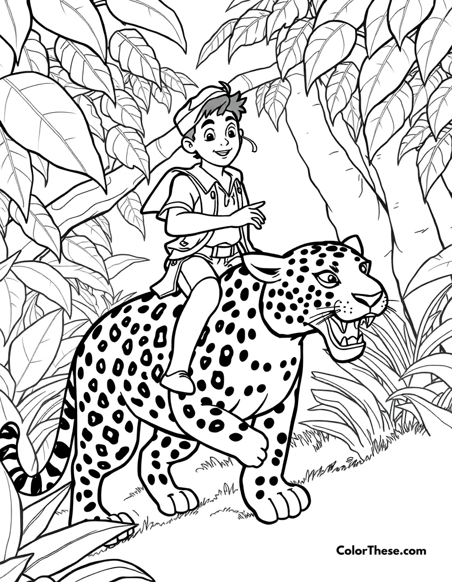 Free printable antonio and the jaguar coloring page for kids and adults. Antonio riding a jaguar through the jungle in Encanto (Disney).