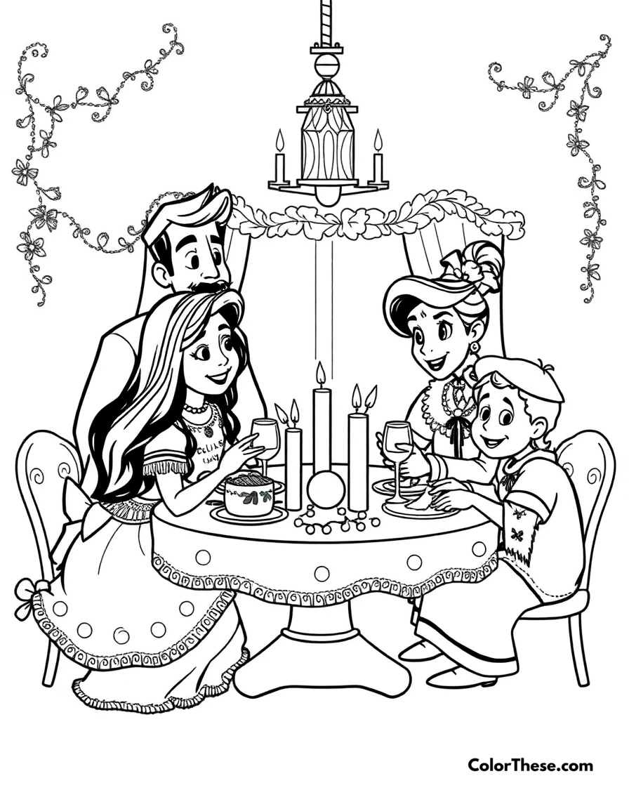 Free printable the madrigal family dinner coloring page for kids and adults. The Madrigal family gathered for a festive dinner in Encanto (Disney).