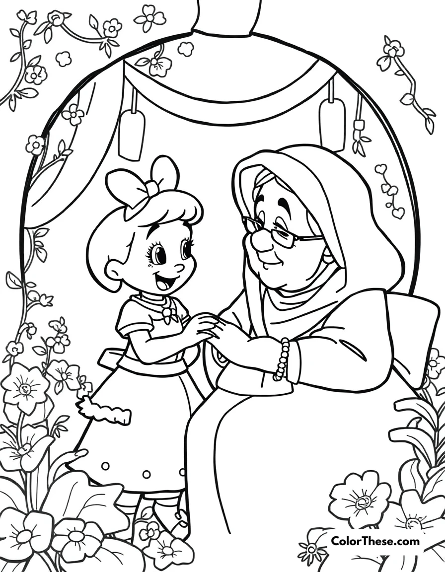 Free printable mirabel and abuela alma coloring page for kids and adults. Mirabel and Abuela Alma sharing a heartfelt moment in Encanto (Disney).