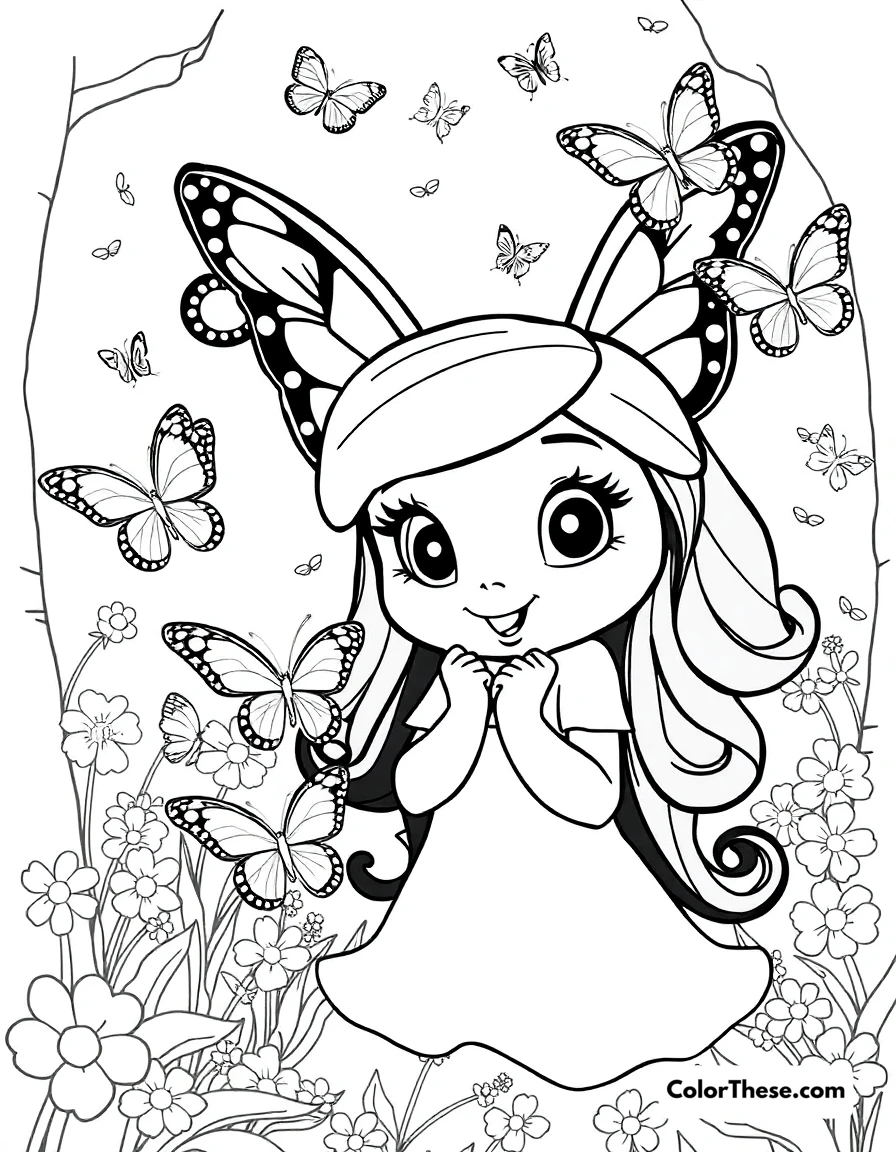 Free printable mirabel and the butterflies coloring page for kids and adults. Mirabel surrounded by magical butterflies in Encanto (Disney).