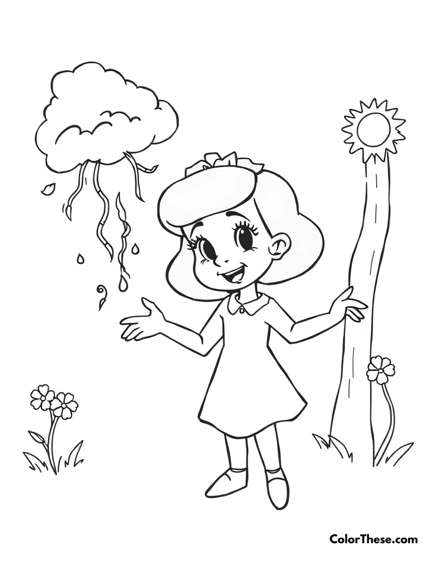 Free printable pepa and the weather coloring page for kids and adults. Pepa controlling the weather with her emotions in Encanto (Disney).