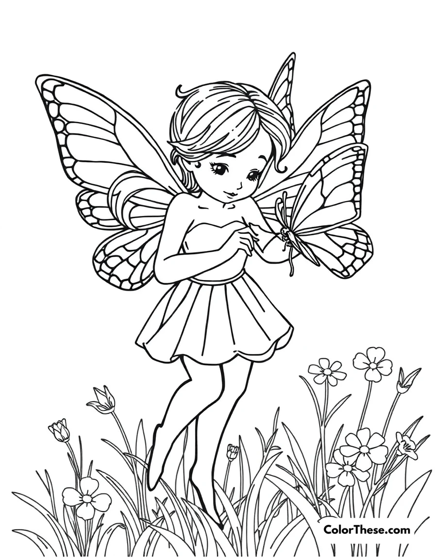 Free printable fairy and the butterfly coloring page for kids and adults. A fairy playing with a butterfly in a meadow.