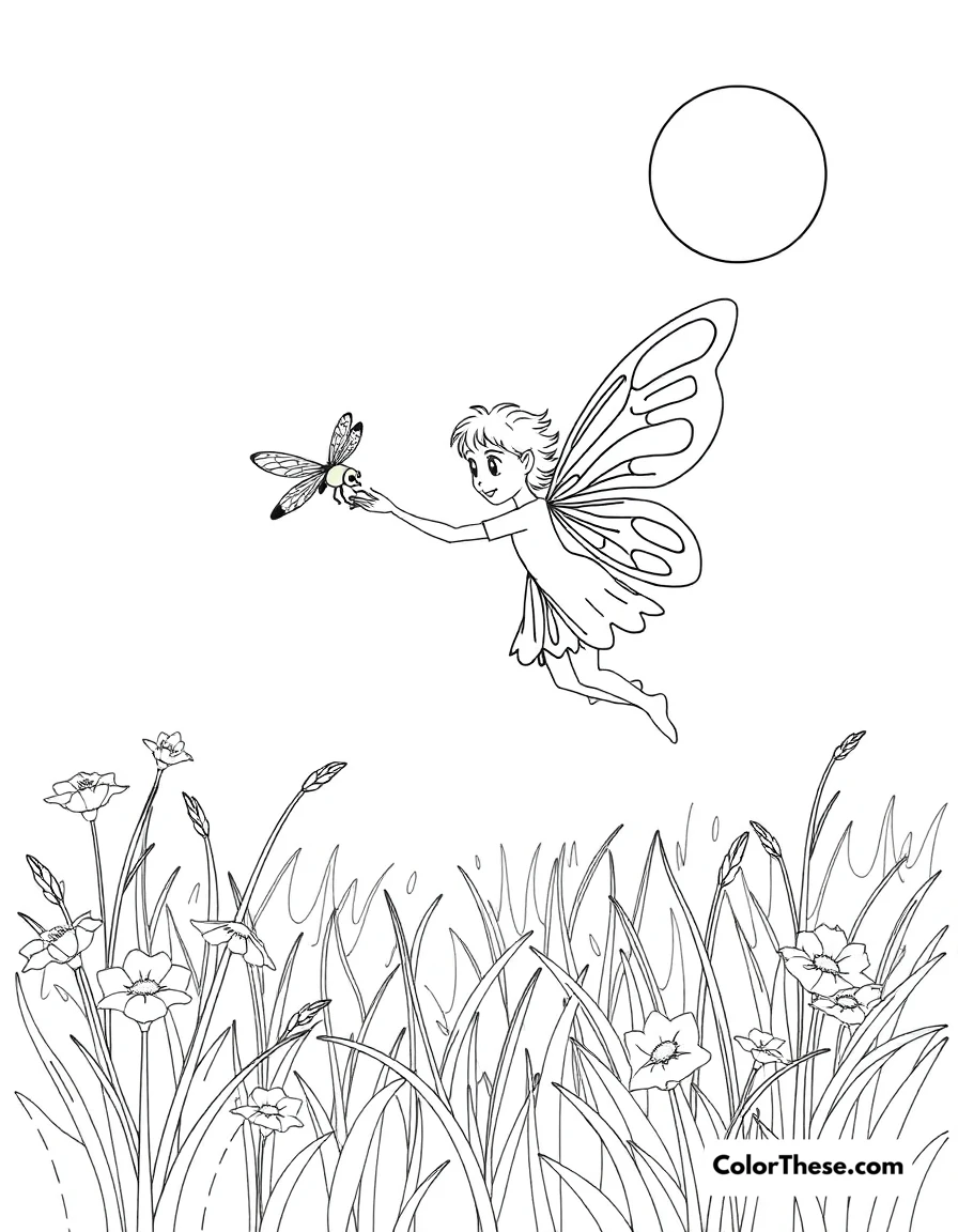 Free printable fairy and the dragonfly coloring page for kids and adults. A fairy flying with a dragonfly in a sunny meadow.