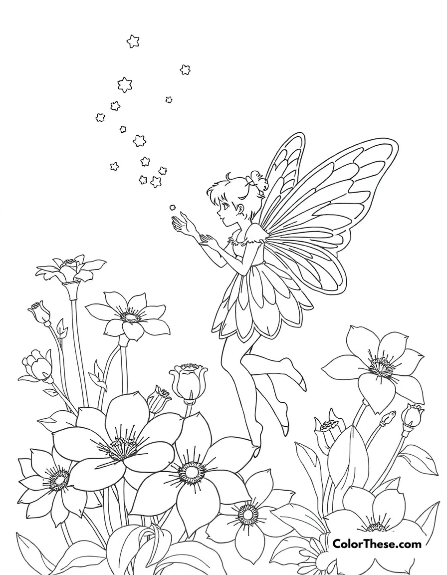 Free printable fairy dusting flowers coloring page for kids and adults. A fairy sprinkling fairy dust on blooming flowers.