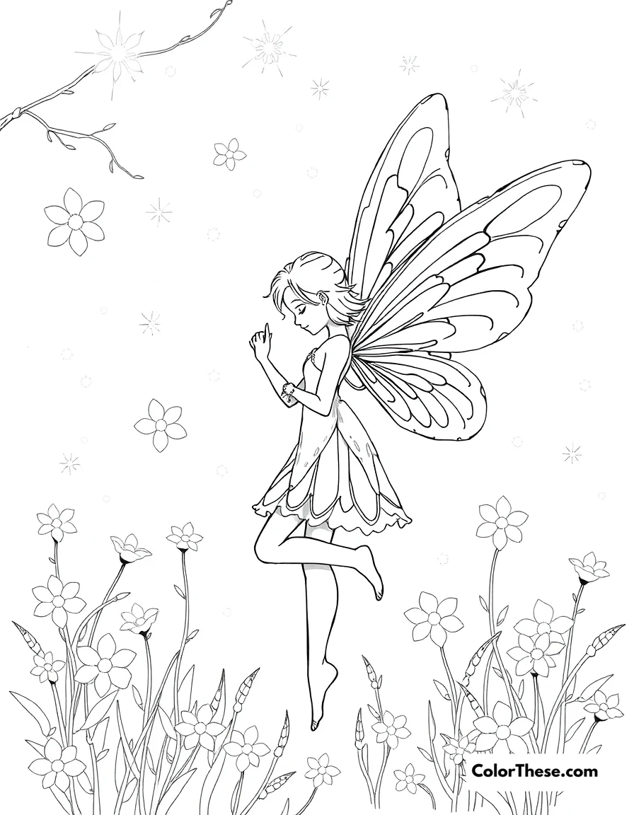 Free printable fairy and the fireflies coloring page for kids and adults. A fairy surrounded by glowing fireflies at night.
