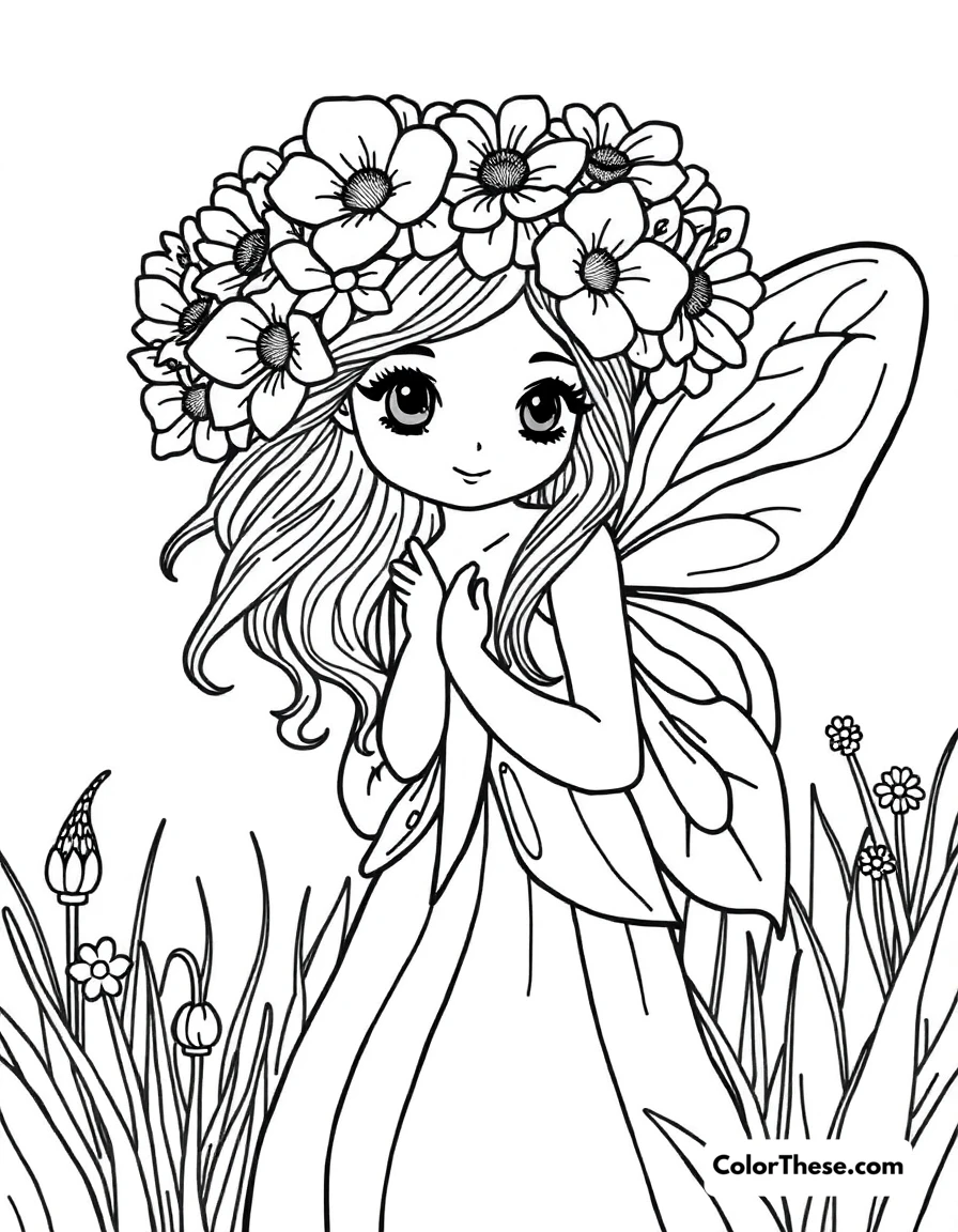 Free printable fairy with a flower crown coloring page for kids and adults. A fairy wearing a beautiful flower crown in a meadow.