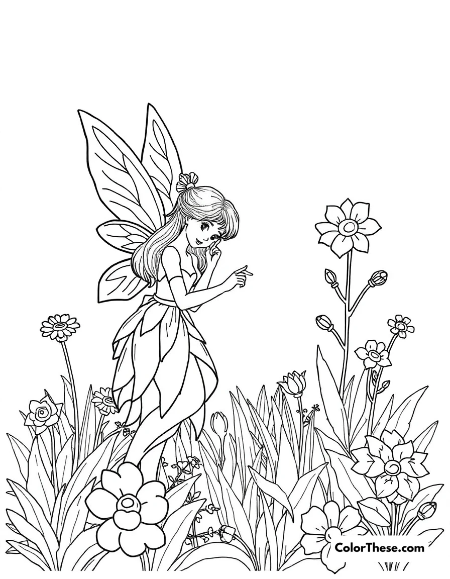 Free printable fairy in the garden coloring page for kids and adults. A fairy tending to a magical garden.