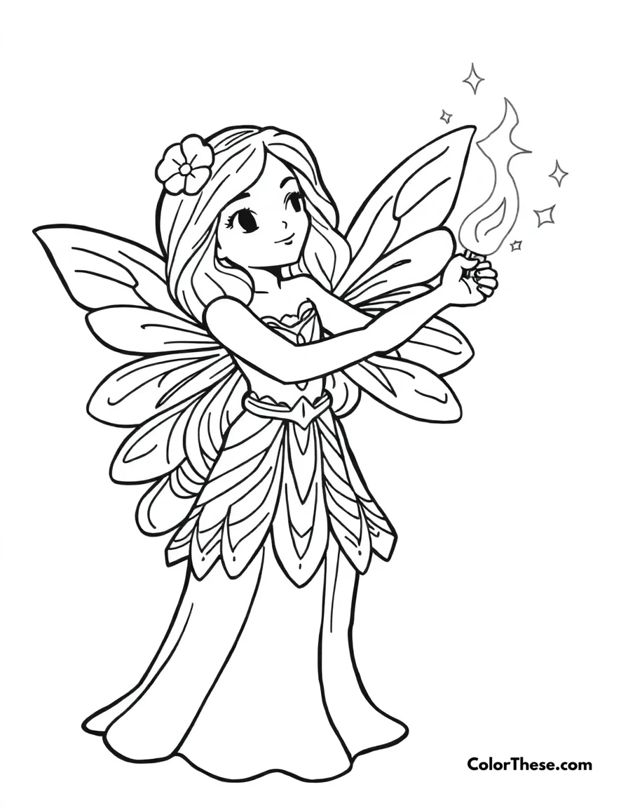 Free printable fairy with a magic wand coloring page for kids and adults. A fairy casting a spell with her magic wand.