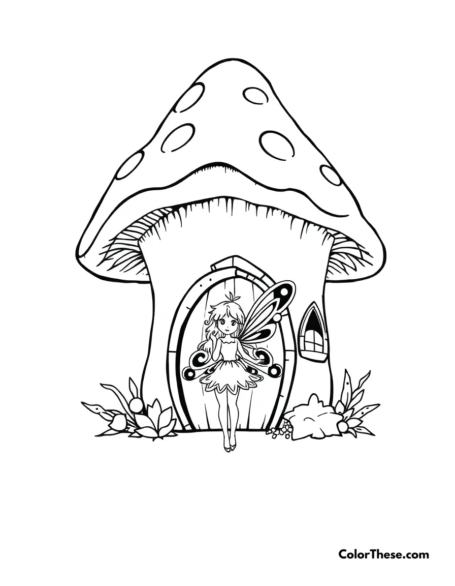 Free printable fairy and the mushroom house coloring page for kids and adults. A fairy standing in front of her mushroom house.