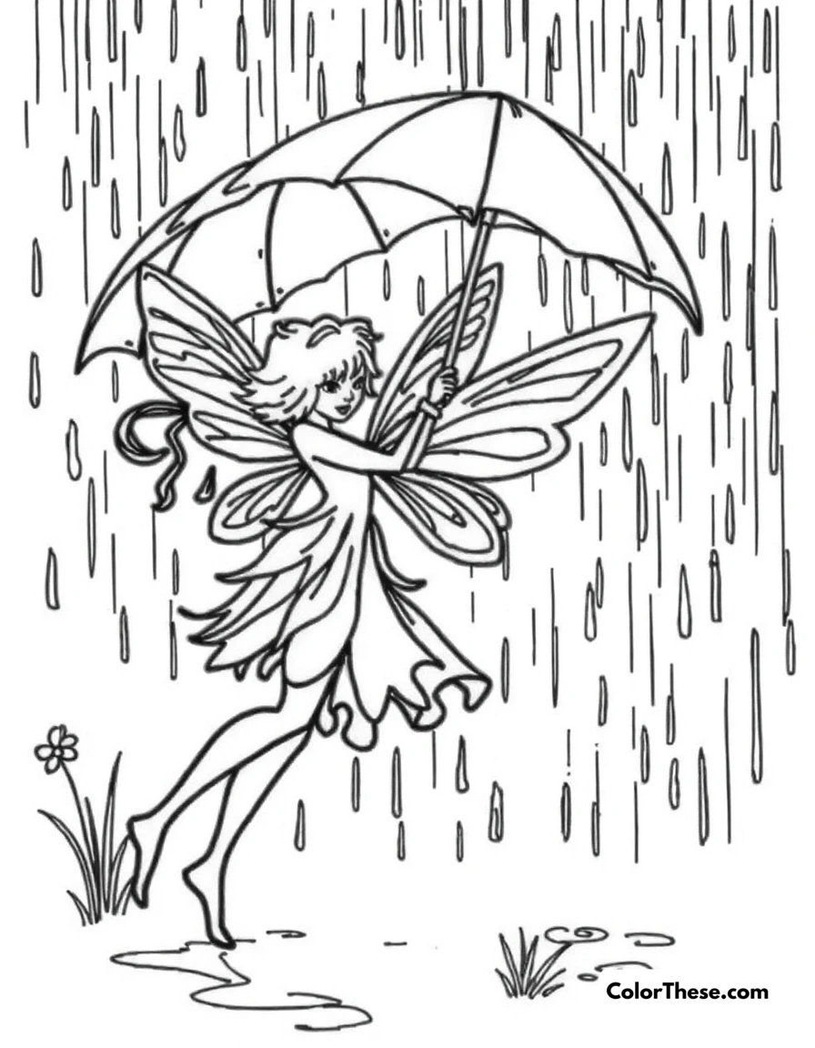 Free printable fairy in the rain coloring page for kids and adults. A fairy dancing in the rain with an umbrella.