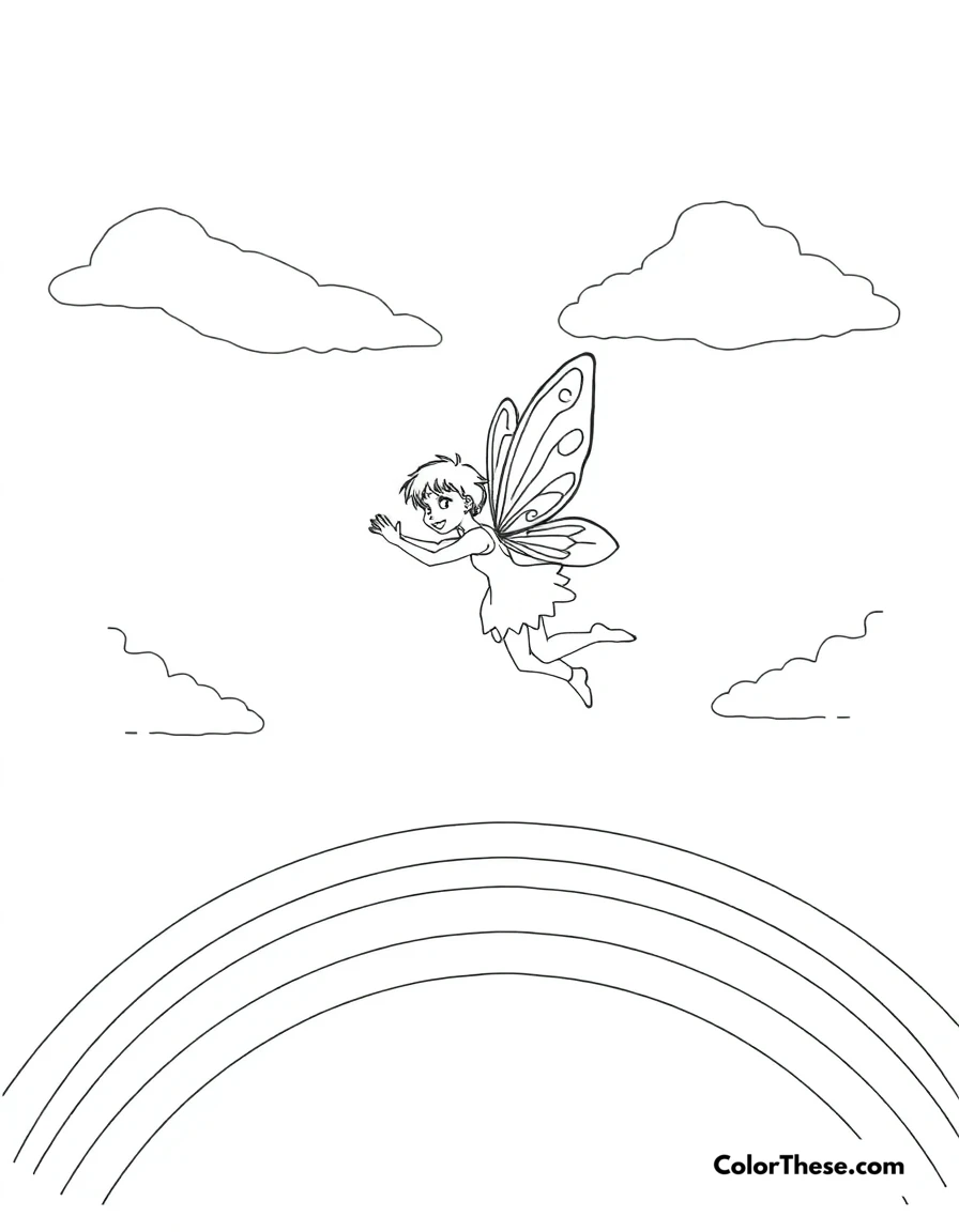 Free printable fairy and the rainbow coloring page for kids and adults. A fairy flying over a rainbow in a sunny sky.