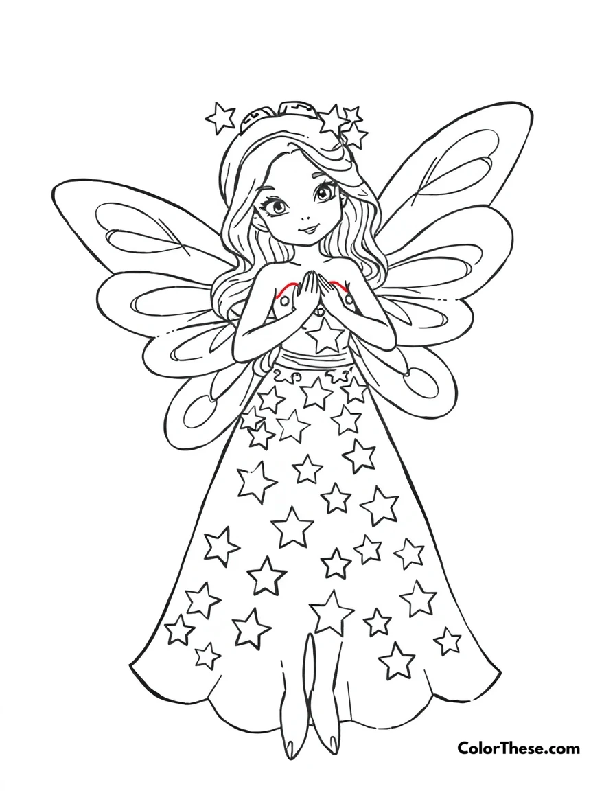 Free printable fairy with a starry dress coloring page for kids and adults. A fairy wearing a dress adorned with stars.