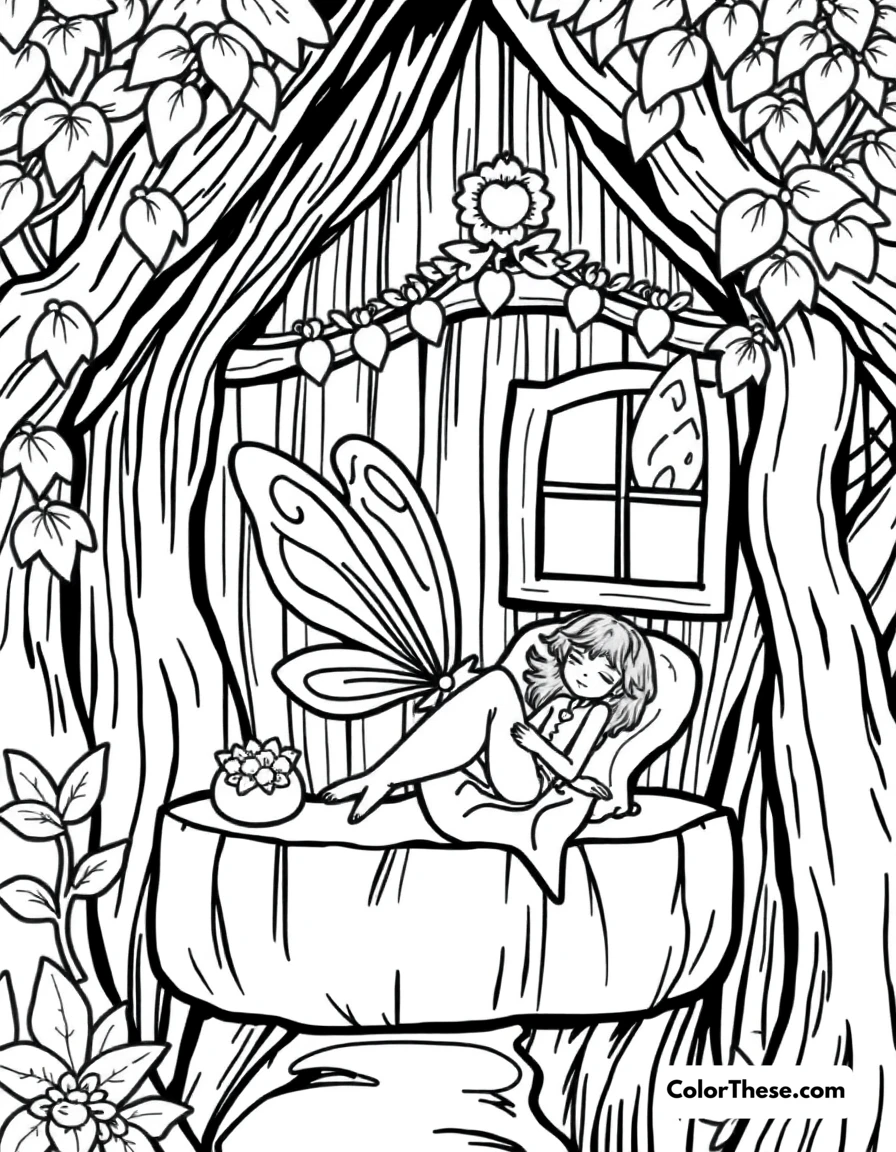 Free printable fairy in a treehouse coloring page for kids and adults. A fairy relaxing in her cozy treehouse.