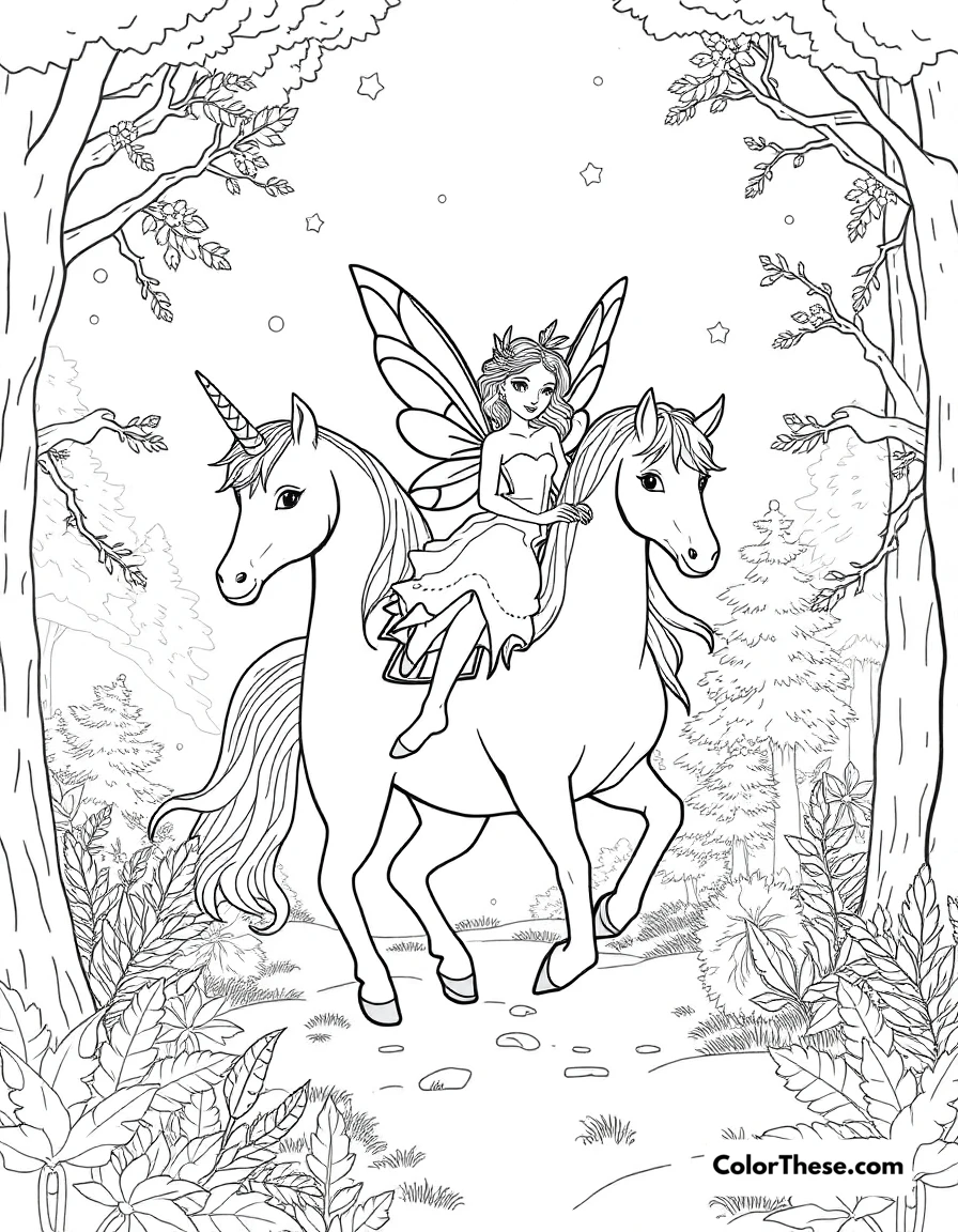 Free printable fairy and the unicorn coloring page for kids and adults. A fairy riding a unicorn through a magical forest.