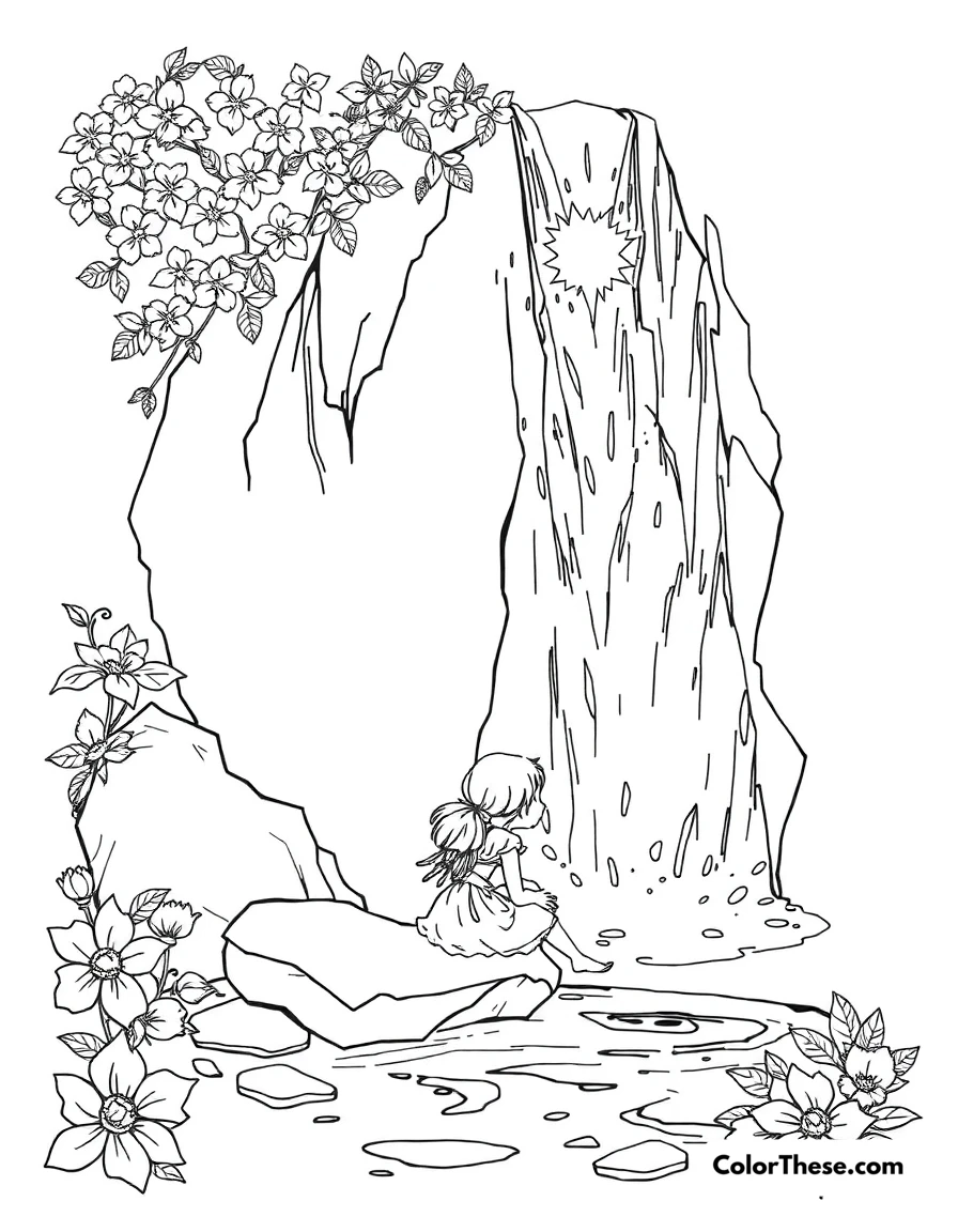 Free printable fairy by the waterfall coloring page for kids and adults. A fairy sitting by a sparkling waterfall.