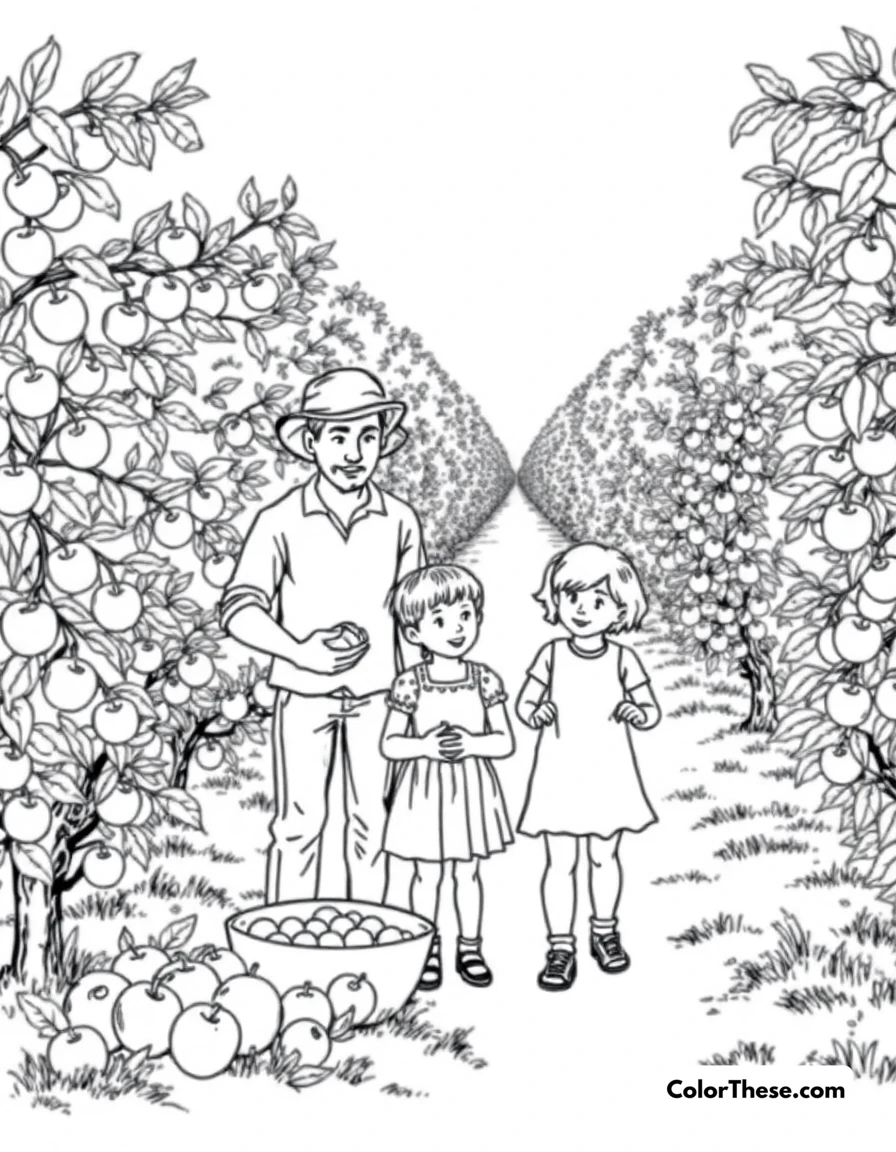 Free printable apple picking day coloring page for kids and adults. A family picking apples in an orchard.