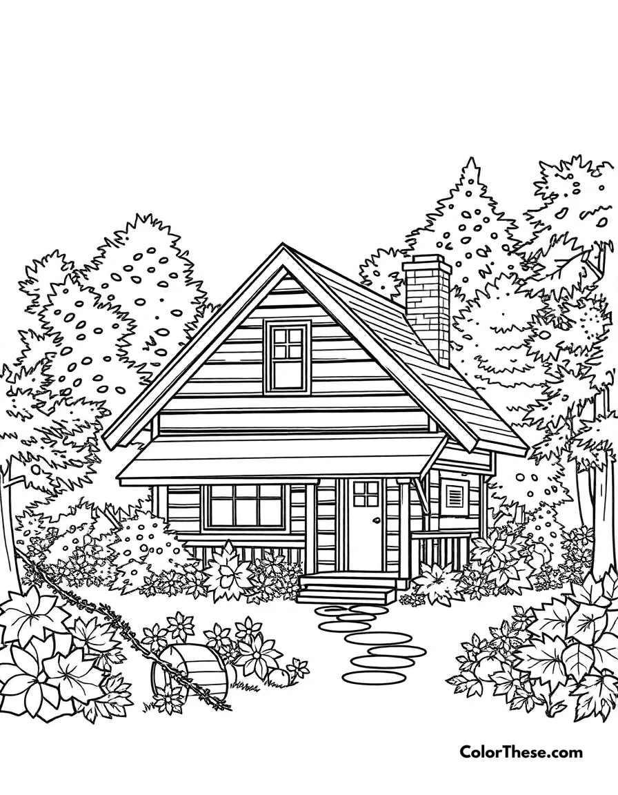 Free printable cozy fall cabin coloring page for kids and adults. A cozy cabin surrounded by fall foliage.