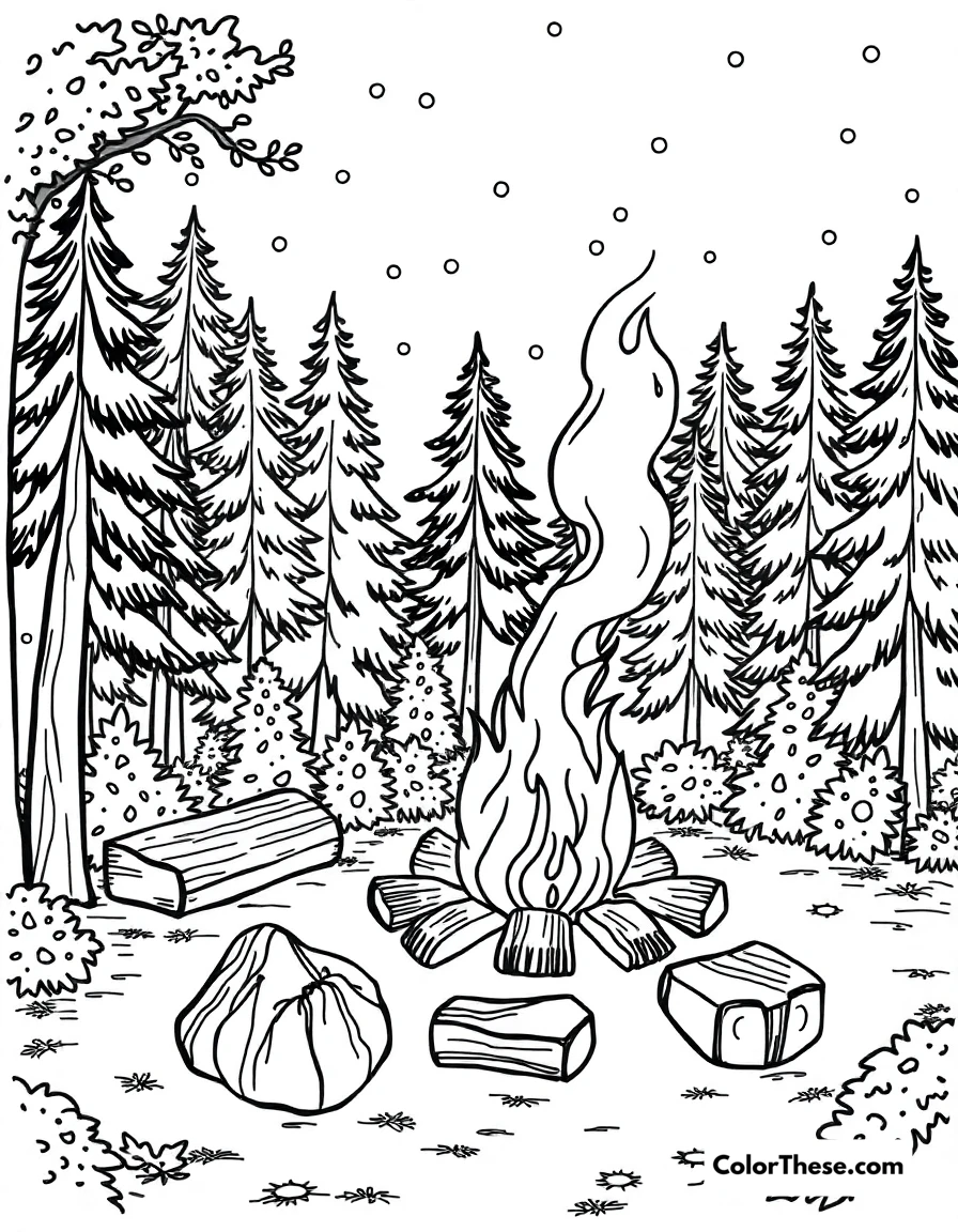 Free printable fall campfire coloring page for kids and adults. A cozy campfire surrounded by fall trees.