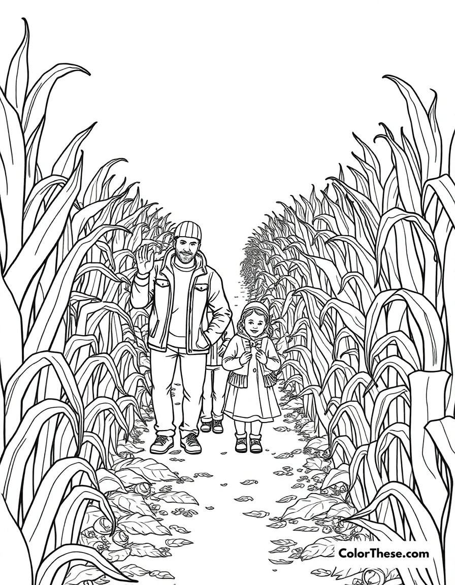 Free printable fall corn maze coloring page for kids and adults. A family navigating a corn maze in the fall.