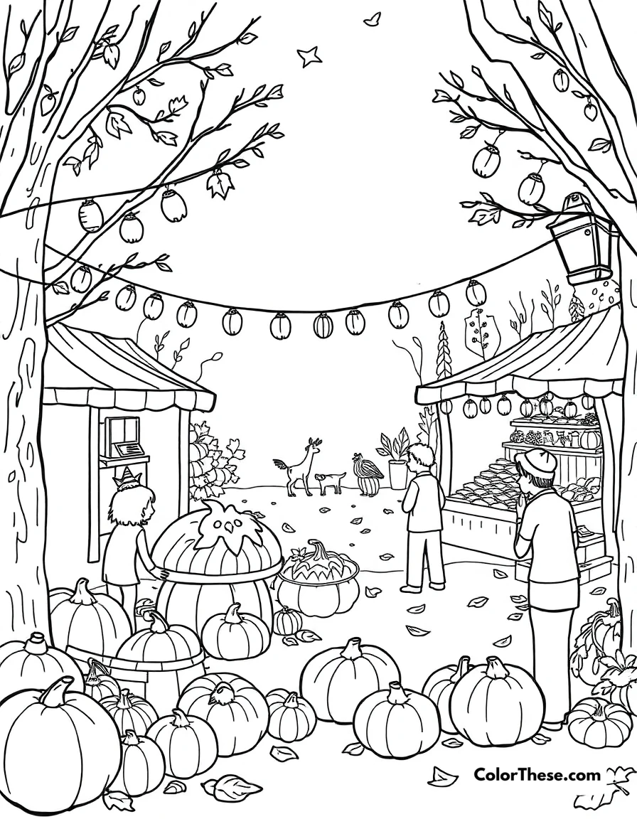 Free printable fall festival coloring page for kids and adults. A lively fall festival with games and decorations.