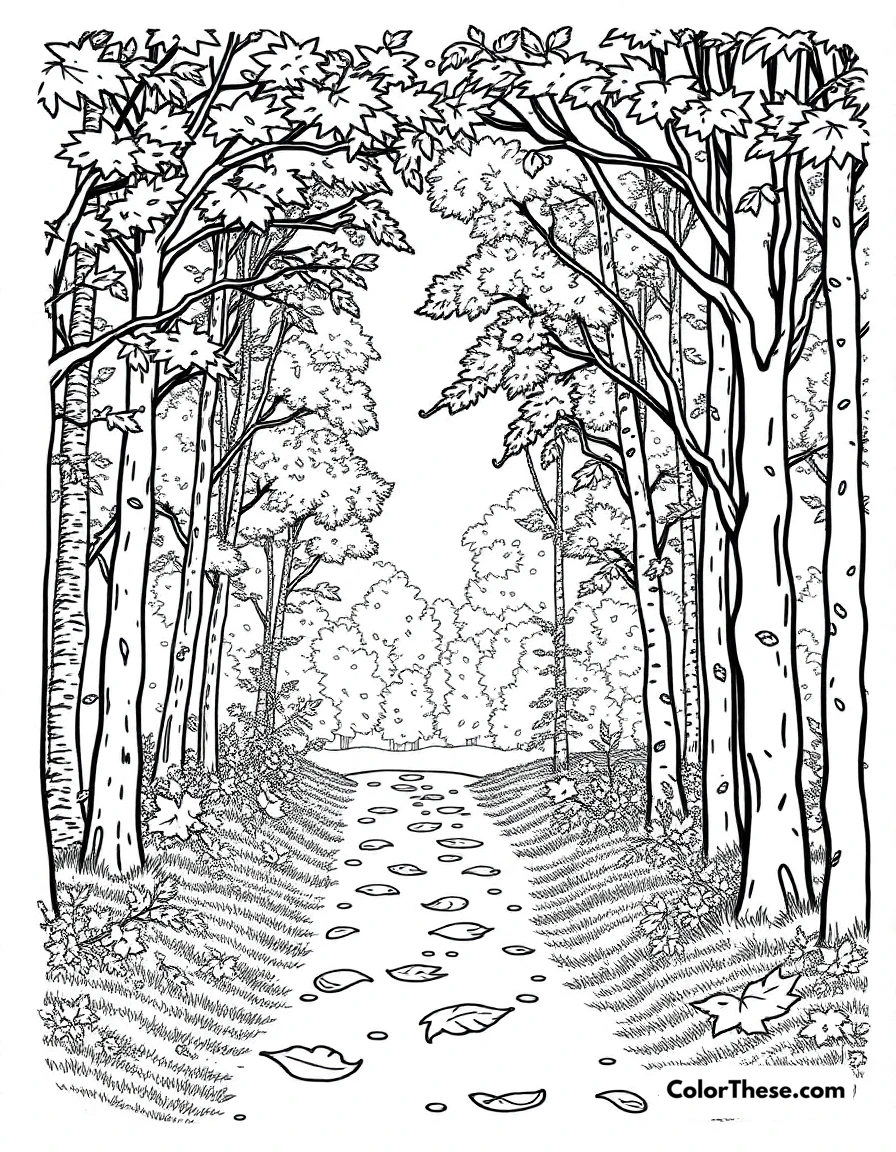 Free printable fall forest walk coloring page for kids and adults. A peaceful walk through a forest filled with fall colors.