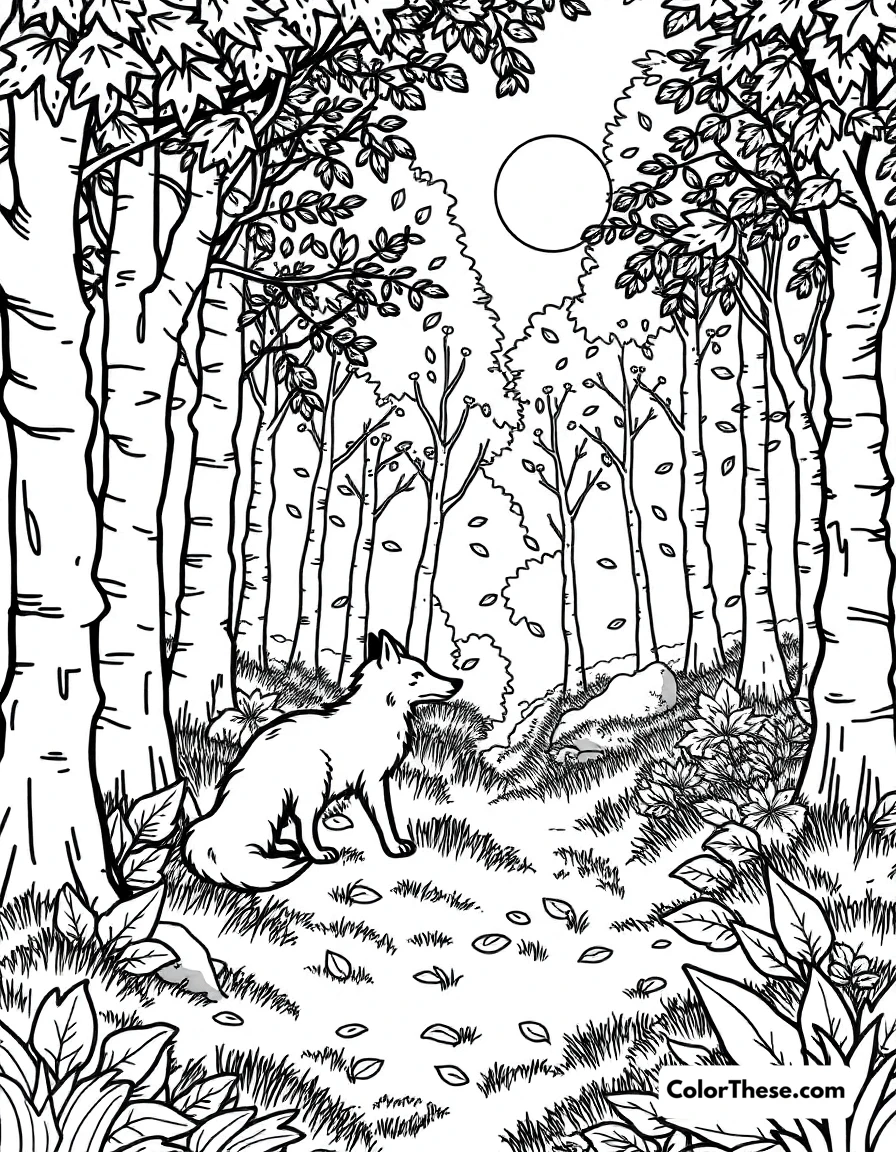 Free printable fall fox in the forest coloring page for kids and adults. A fox exploring a fall forest.