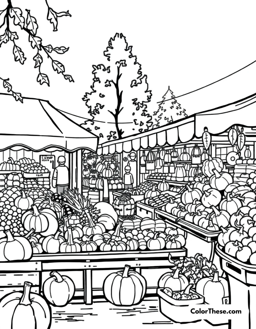 Free printable fall harvest market coloring page for kids and adults. A bustling market filled with fall produce.